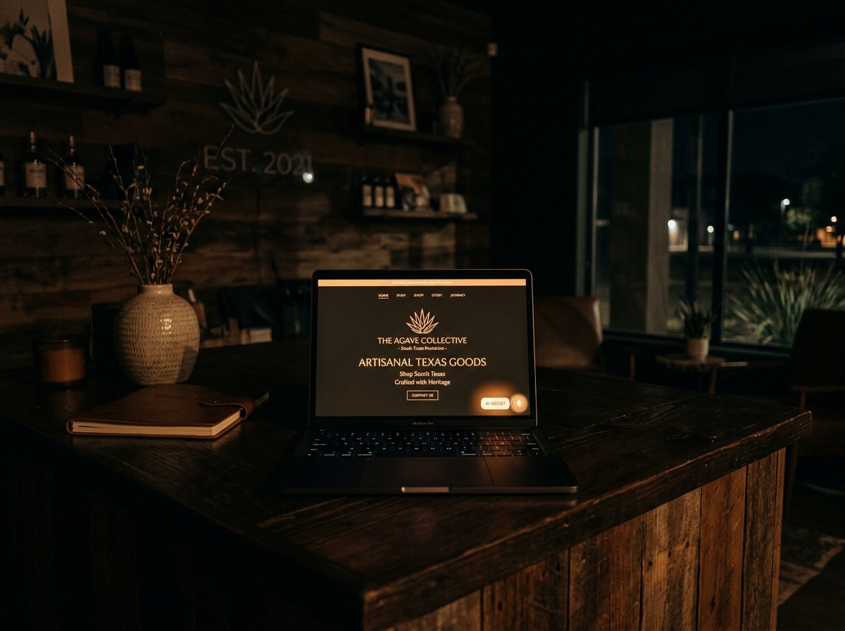 A closed South Texas shop at night - the only light is a laptop showing the business website with its AI agent still answering