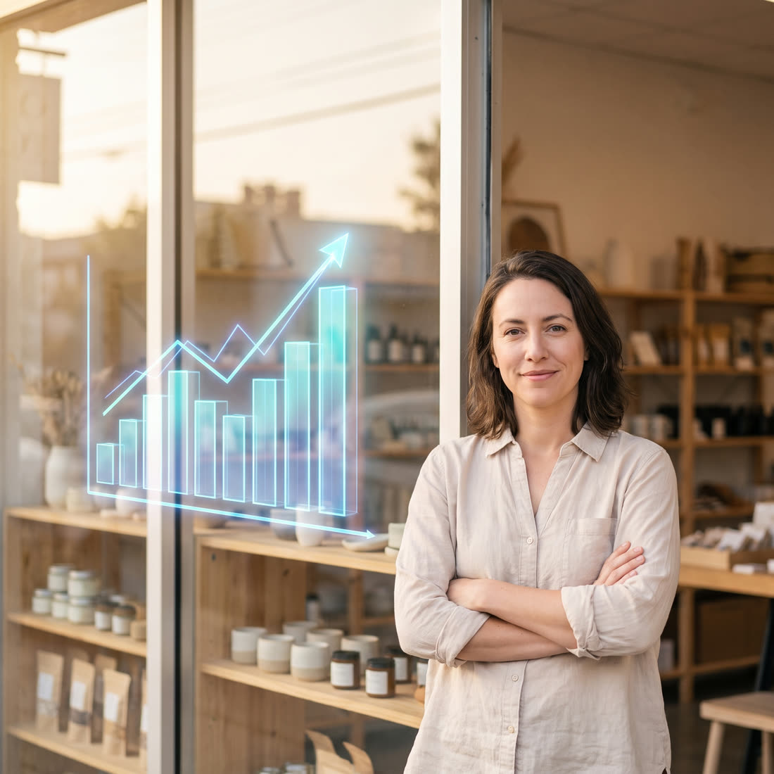 A confident small-business owner in her storefront while a glowing growth chart climbs beside her