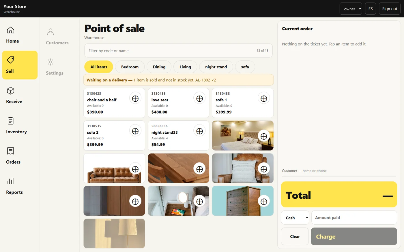 HS POS Pro point-of-sale screen with product photos, categories and the current order total