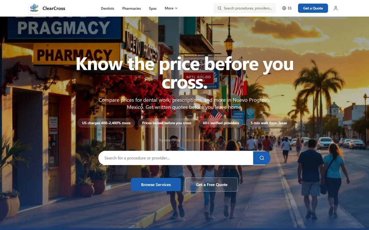 ClearCross Progreso website, comparing dental and pharmacy prices in Nuevo Progreso