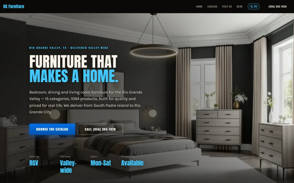 HS Furniture demo website home page, built for a furniture store