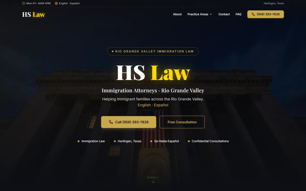 HS Law demo website home page, built for an immigration law firm