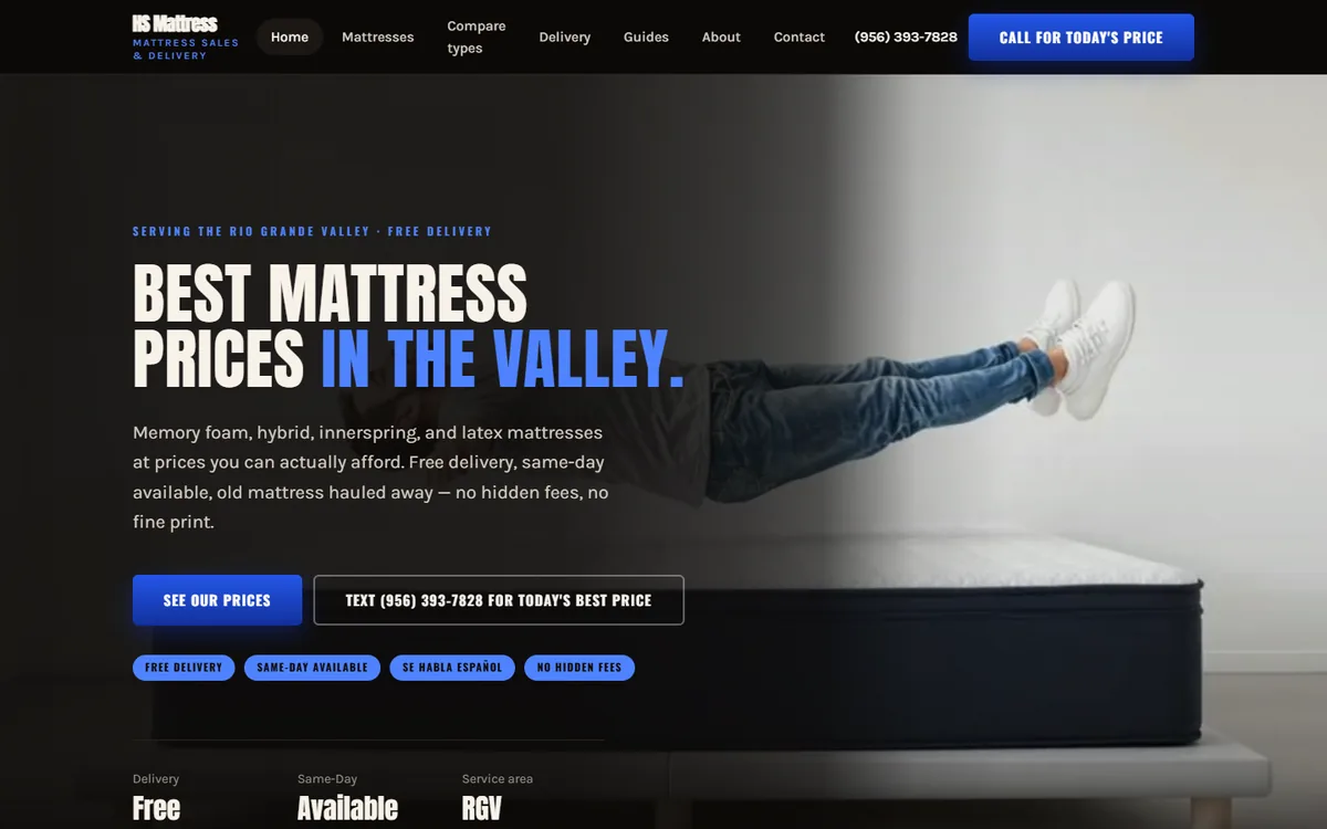 HS Mattress demo website home page, built for a mattress store
