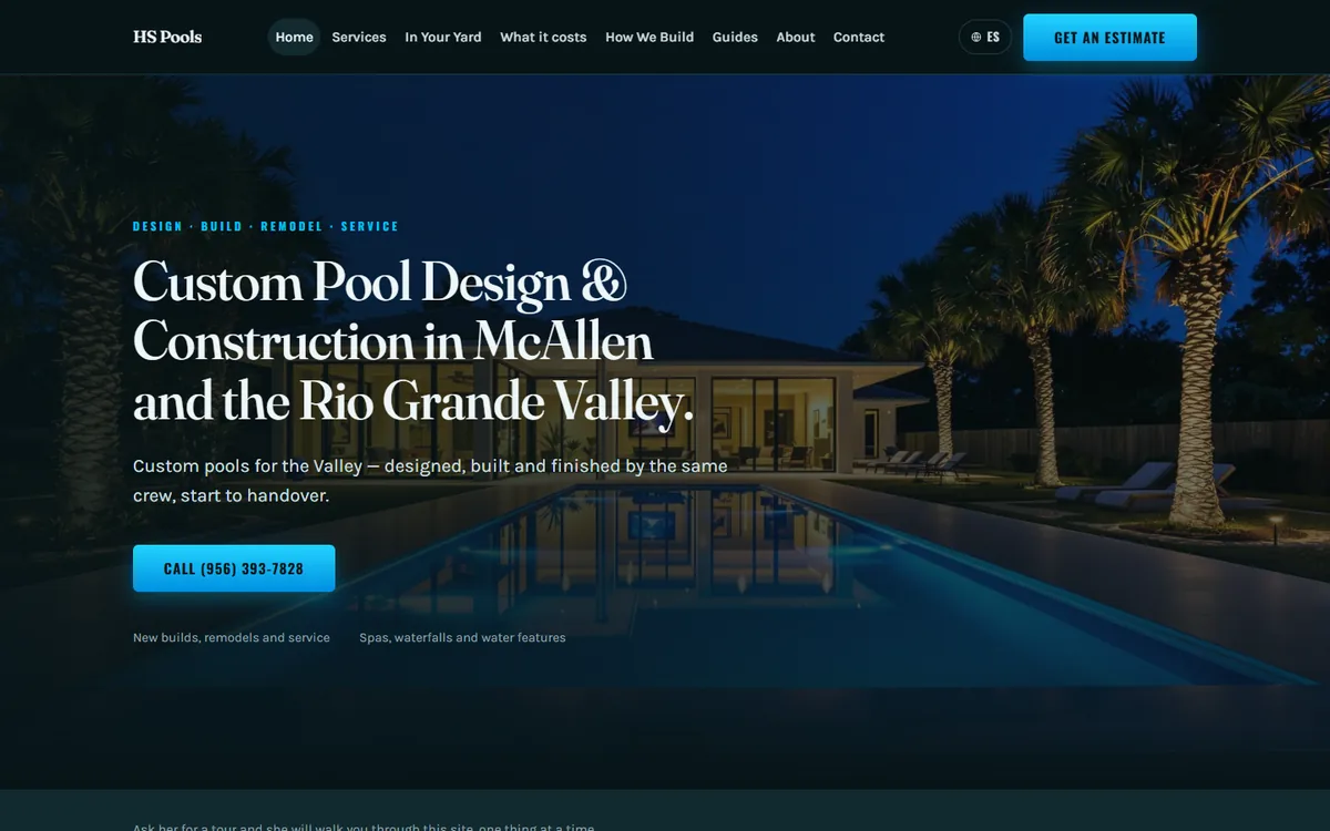 HS Pools demo website home page, built for a pool builder