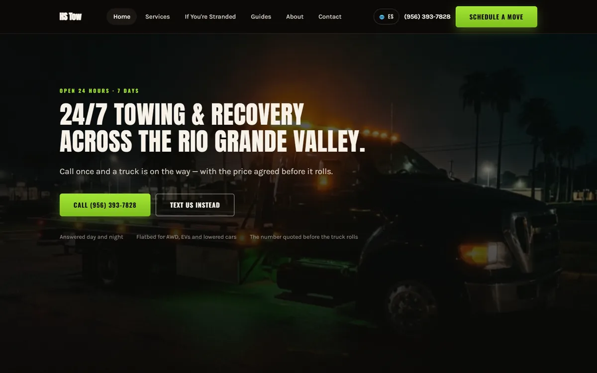 HS Tow demo website home page, built for a towing company