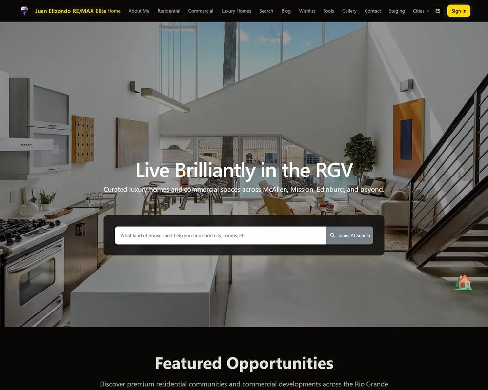 Juan Elizondo's real estate website, its hero with a home search