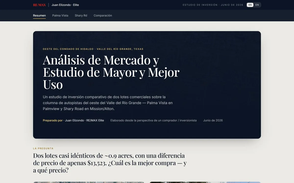 A bilingual market analysis comparing two commercial lots in western Hidalgo County